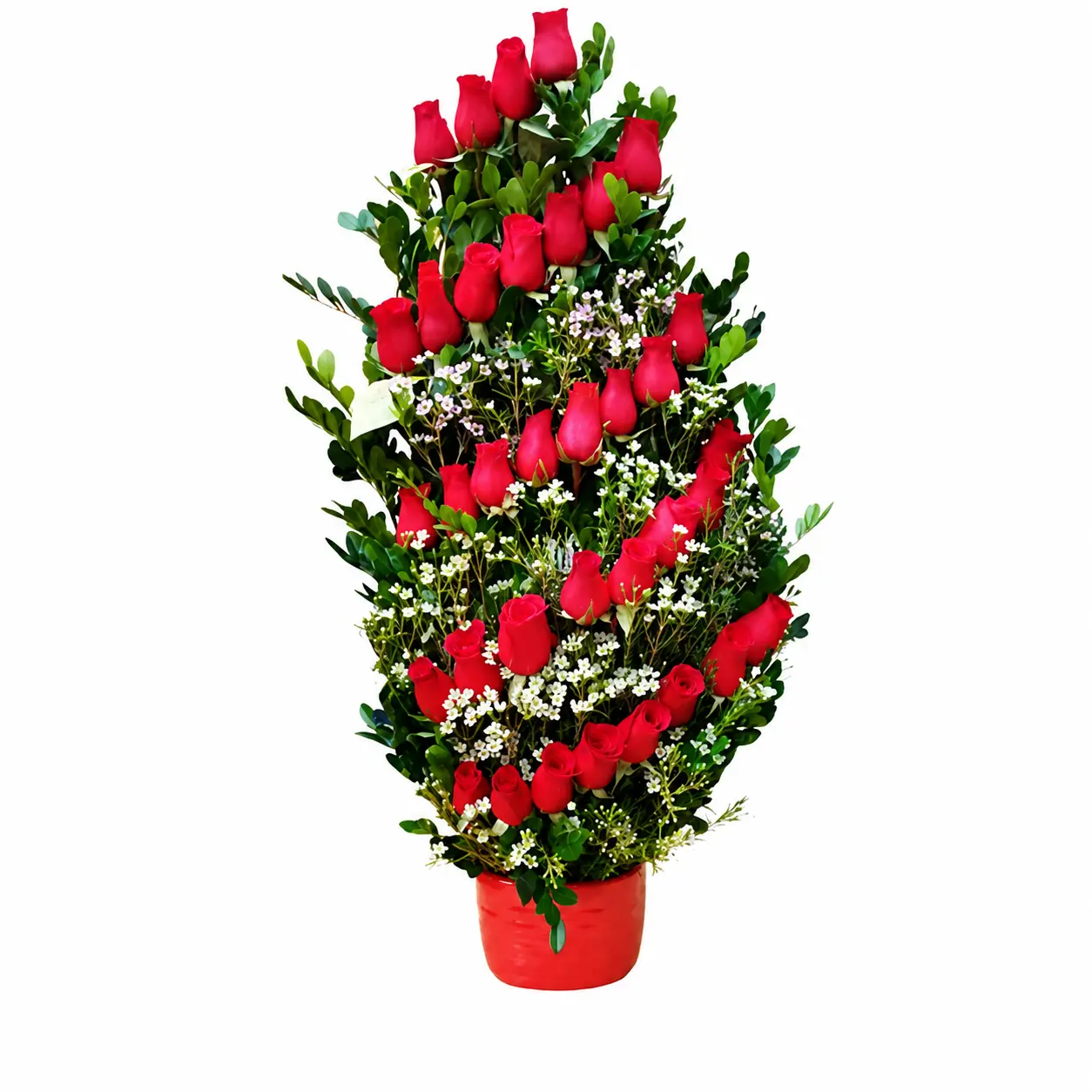 Arreglo floral de rosas rojas en base de cerámica color rojo ideal para regalo elegante por cumpleaños aniversario o cualquier ocasión especial con delivery en Lima